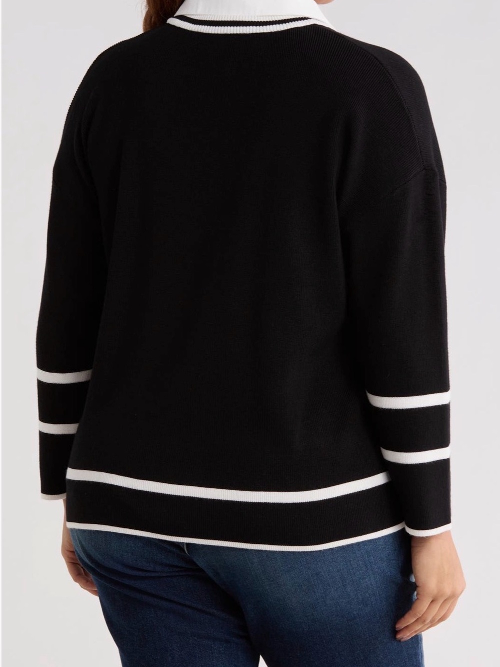 Adrianna Papell Black V-Neck Layered Sweater with White Stripes Size 1X - Picture 3 of 14